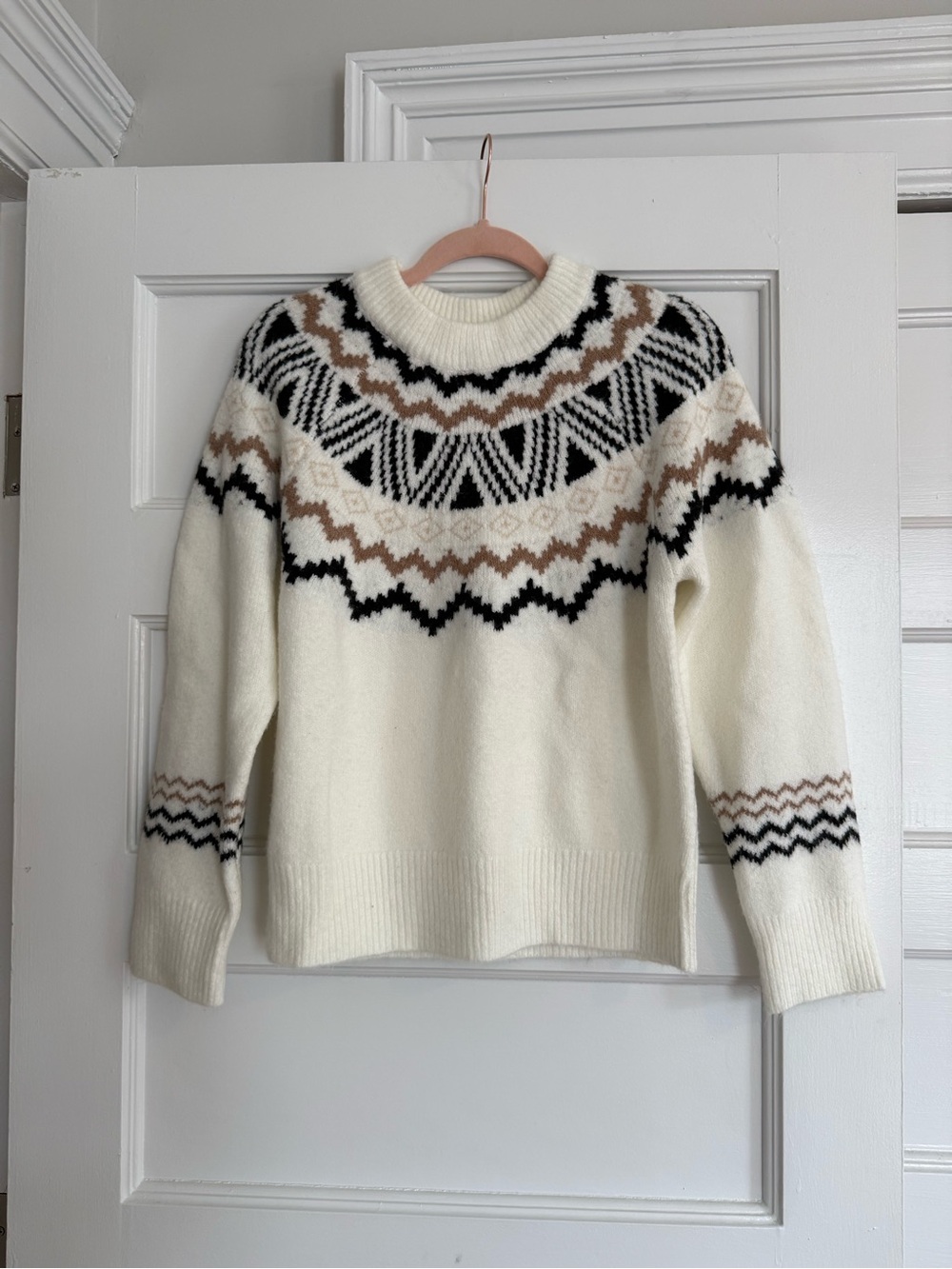 Altar’d State Women’s Cream Fair Isle Sweater with Black & Tan Pattern